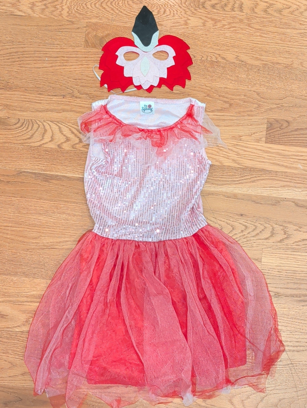 Girls Red Sequin Tulle Costume Dress with Feather Mask